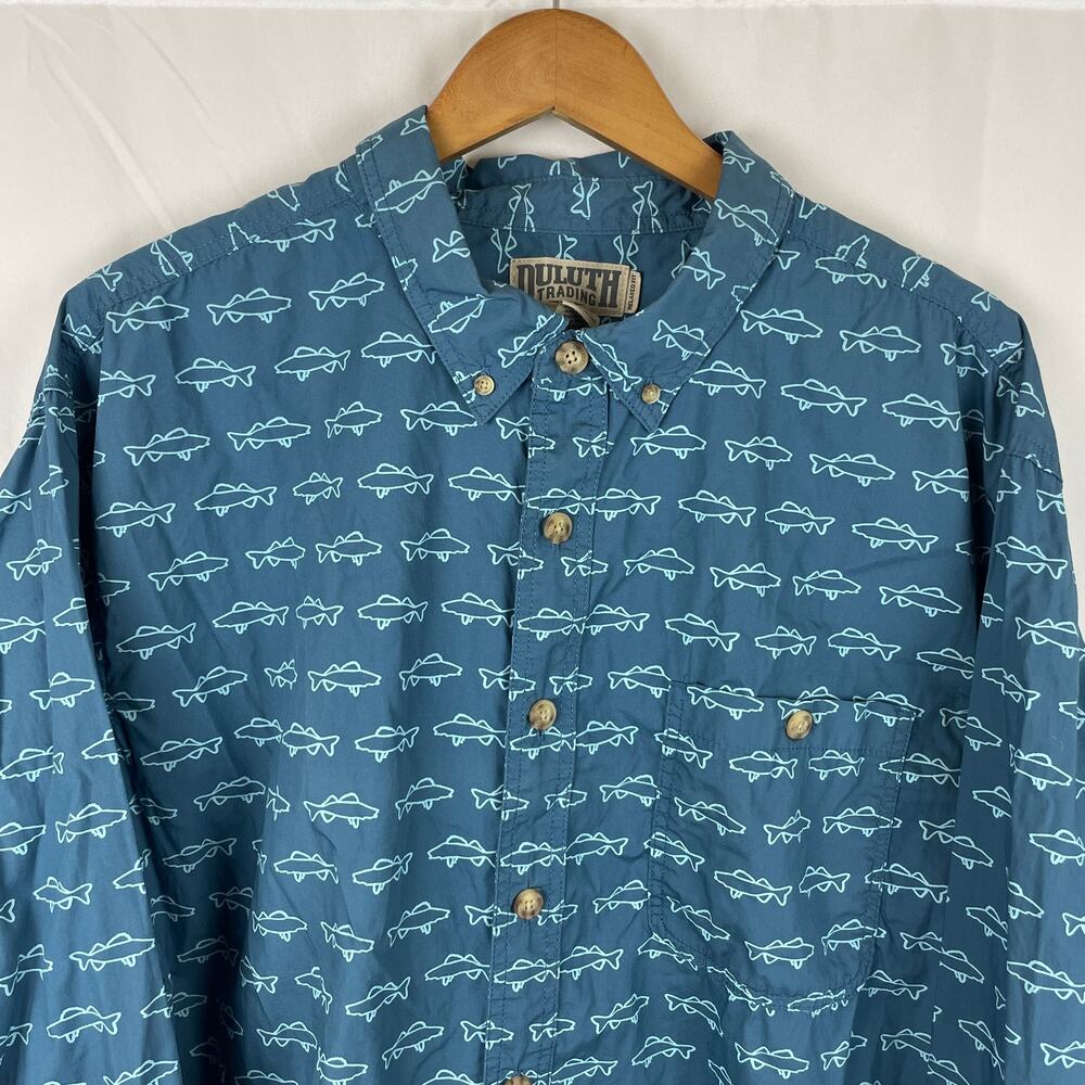 Duluth Trading Co BBQ Button Up Shirt Long Sleeve Blue Fish 38900 Men's Size 2XL